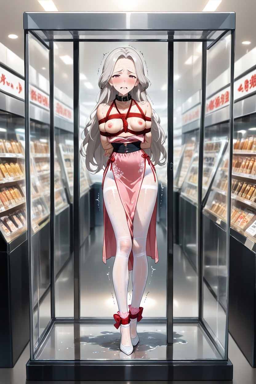 Long Leg, Locked In Display Case, White Transparent Leggings Hentai AI Porn