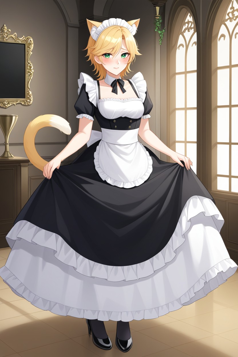 Skinny, Wearing Intricate French Maid Dress, Victorian Era Hoopskirt AI Porn