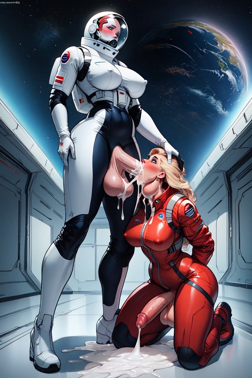 Futadom, Platinum Blonde Cosmonaut Futanari, Head Back Orgasm Shemale AI Porn