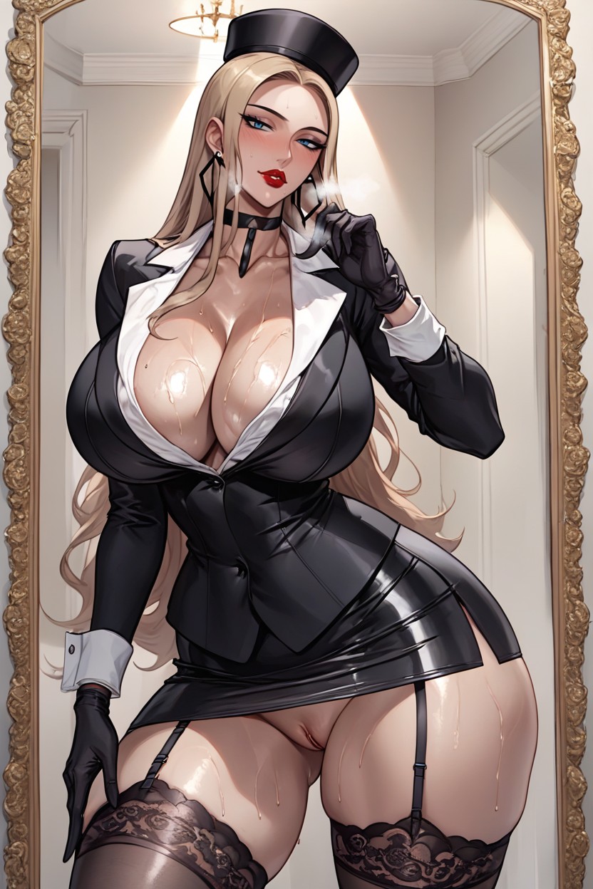 Shaved Pussy, Black Lace Stockings, Massive Breast Hentai AI Porn