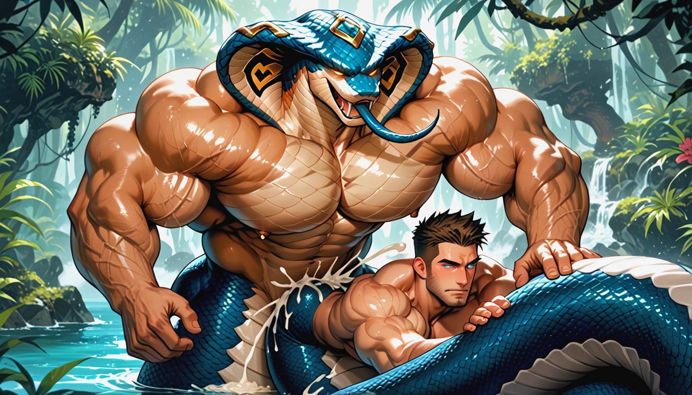 Lower Body Is A Huge And Wide Snake Tail, Jungle, Glowing Eyes AI Gay Porn