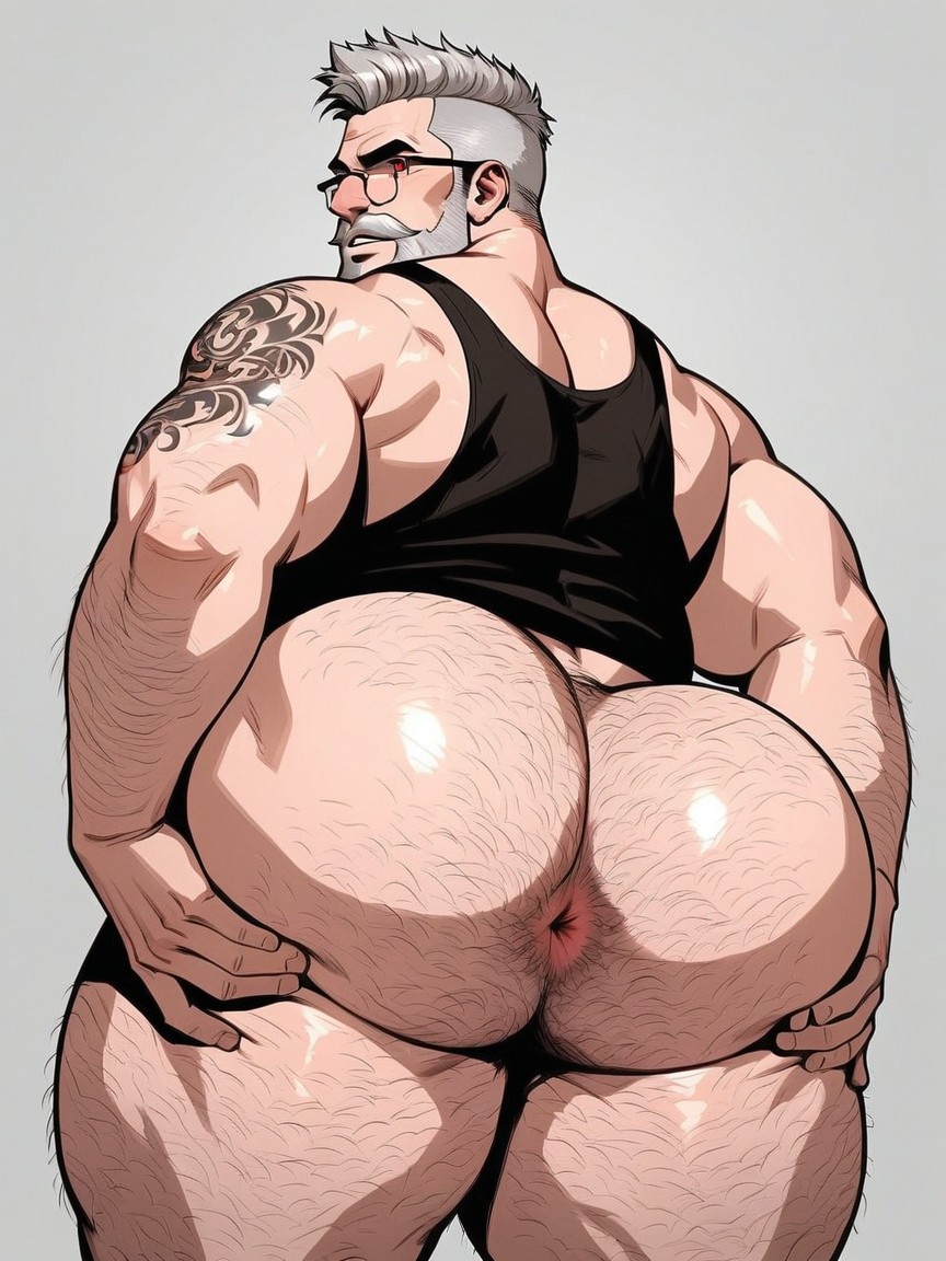 Extremely Large Ass, Ash Hair, A Mustache And Beard AI Gay Porn