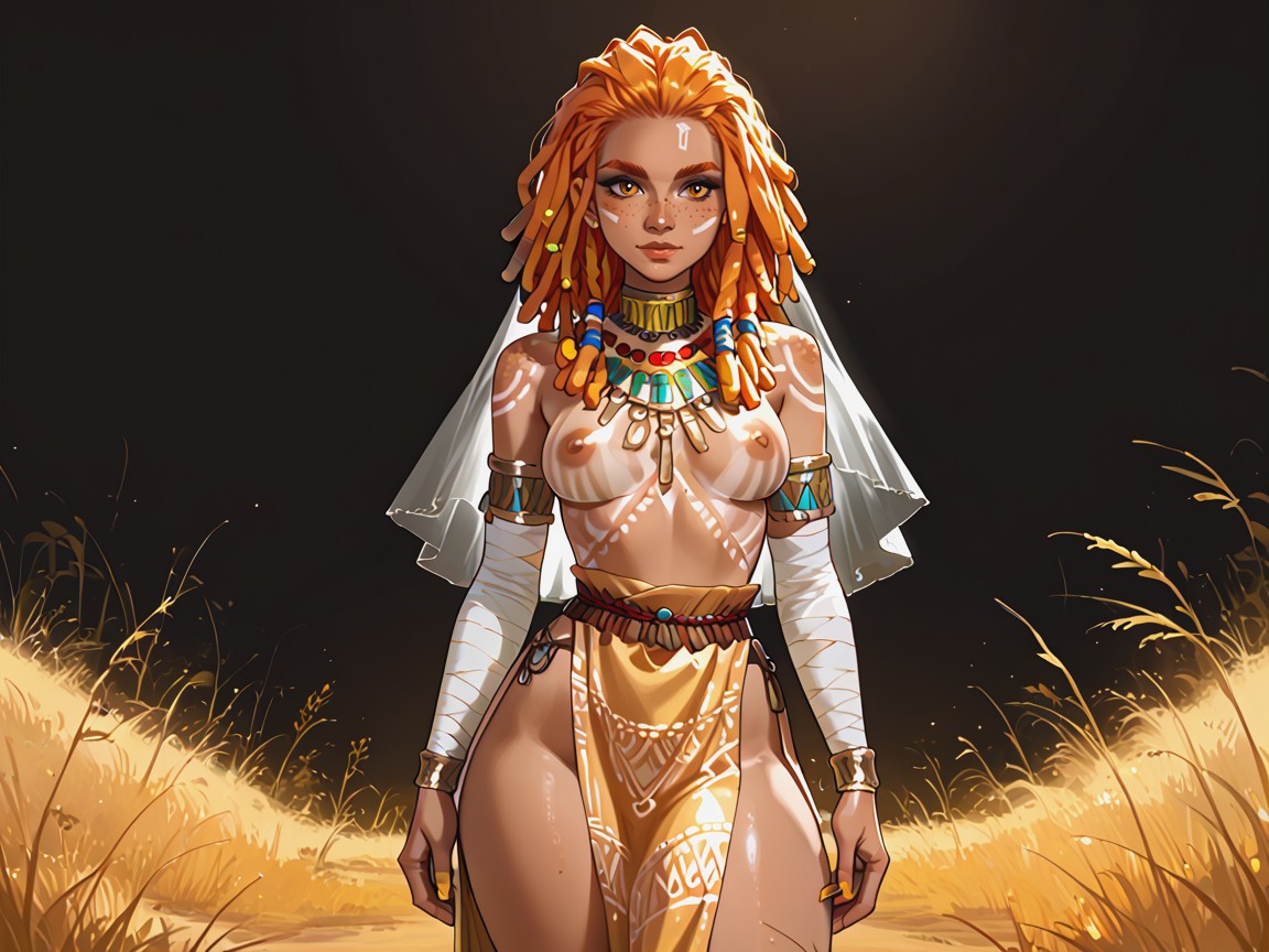 Rounded Shoulders, Wearing Gold Silk Tribal Clothes, Ultra Detailed Latina AI Porn