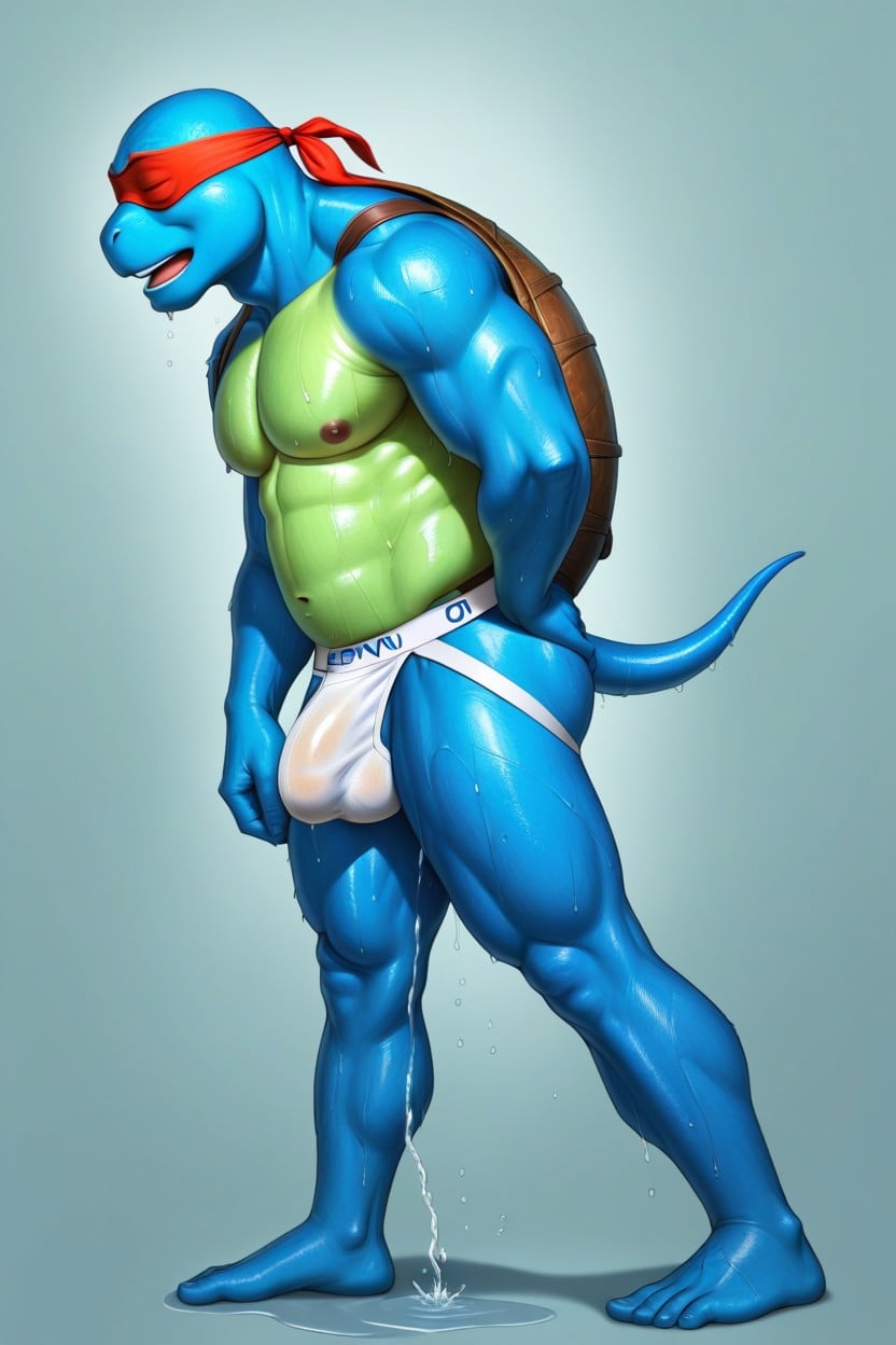 Wet Blue Jockstrap, Detailed Bulge, Blue Hachimaki Over Eyes Furry AI Porn