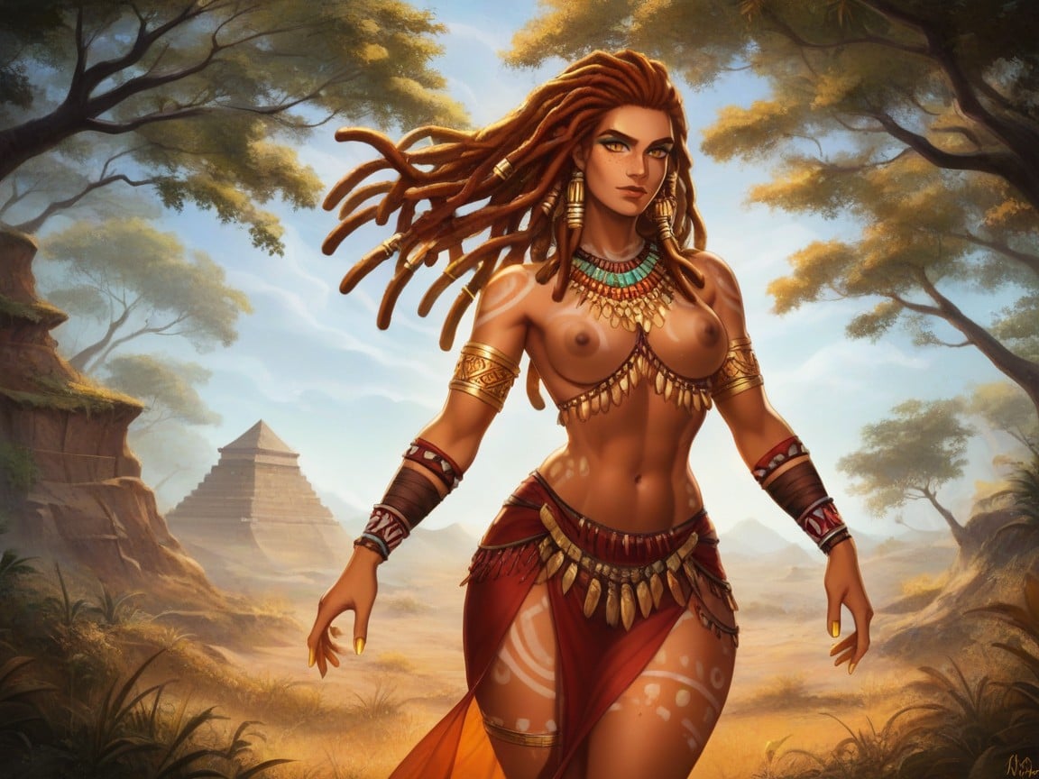 Mischievous Pretty Face, Low Torso Height, Wearing Gold Silk Tribal Clothes Hentai AI Porn