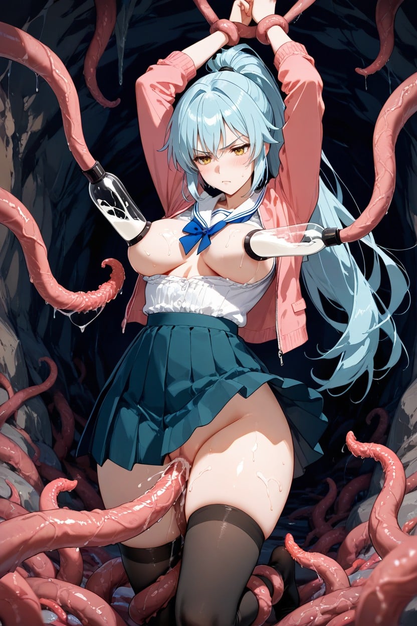 Milking, Dark Teal Pleated Skirt, Tentacle Milking Breast Hentai IA