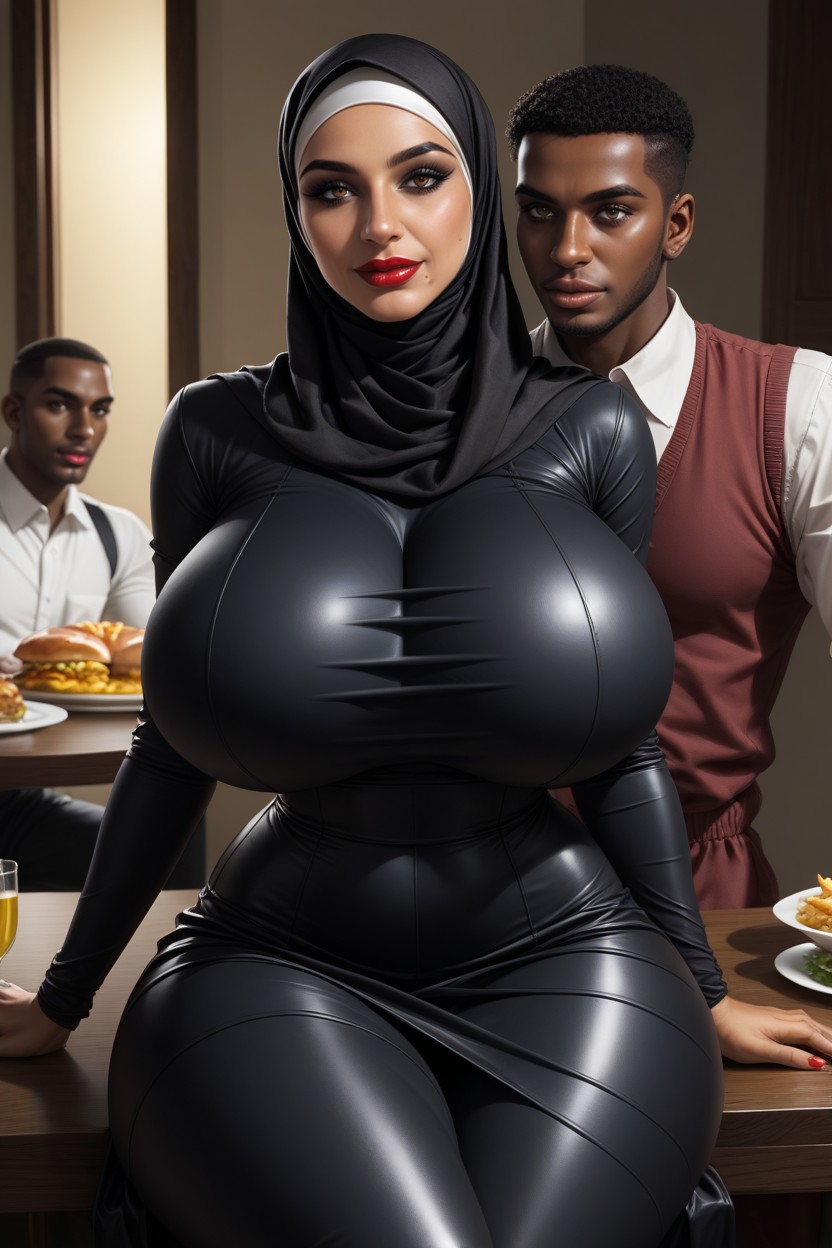 Colossal Breast, One Big Plate, Husband Wife Eating Together Hentai AI Porn