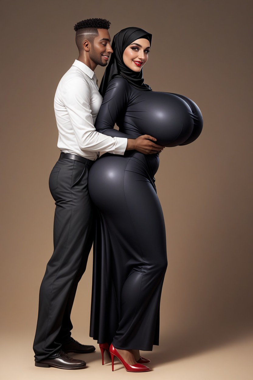 African Husband And Arabian Wife Hugging Eachother, Bodysuit, Side View Hentai AI Porn