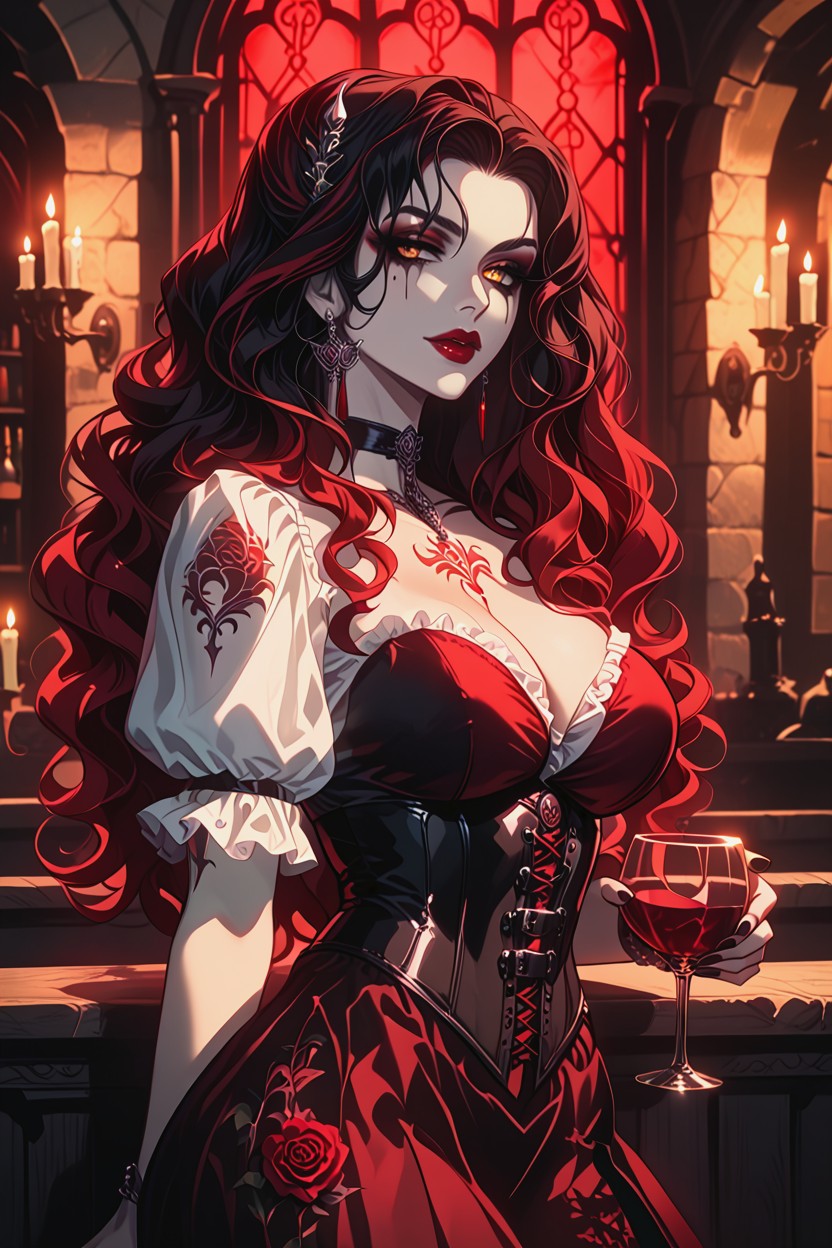 Long Wavy Red Hair, Large Breasts, Red Lips Hentai IA