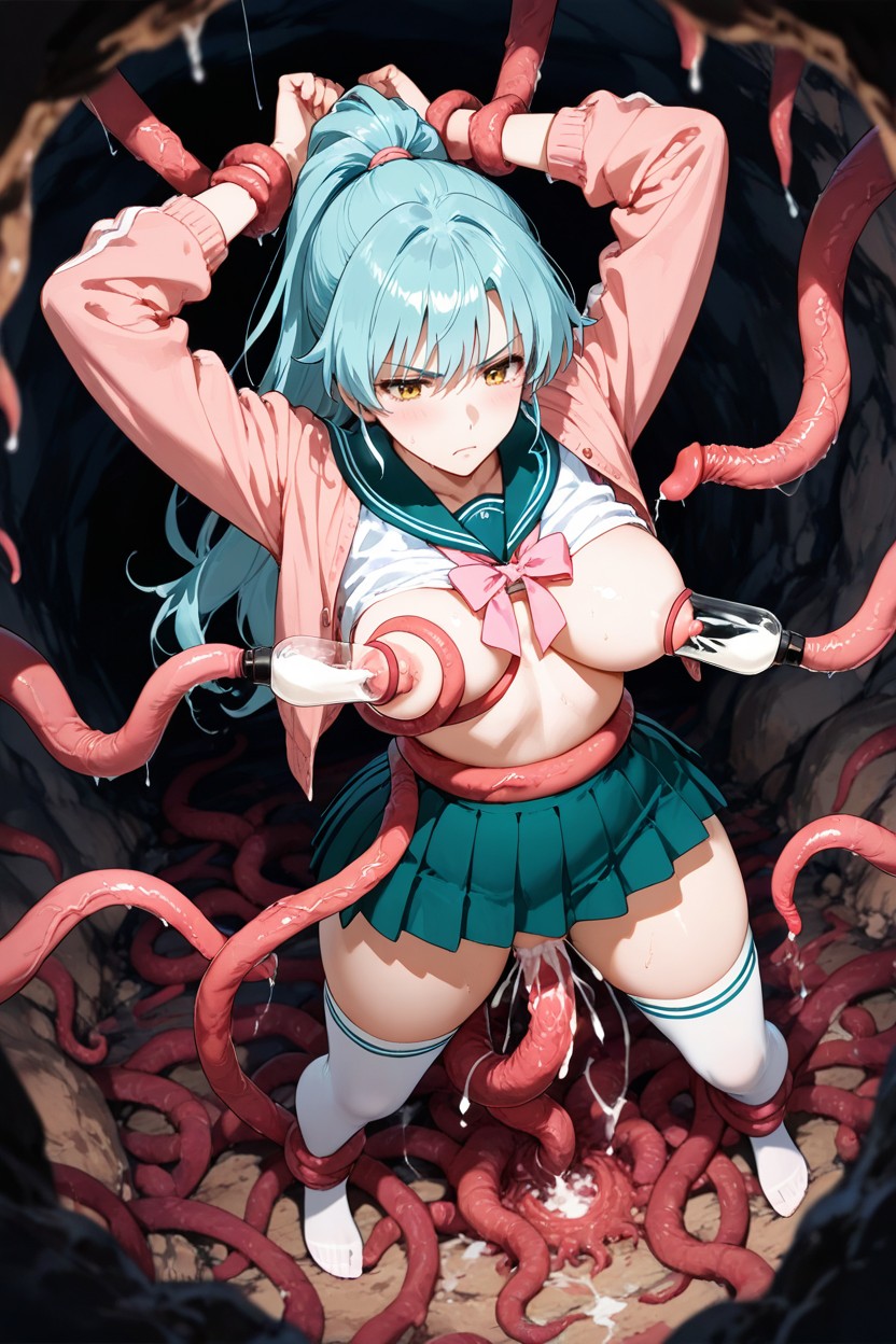 Milking Machine, Wearing A White Blouse With A Sailor Style Collar And A Pink Ribbon Tie, Bored Hentai AI Porn