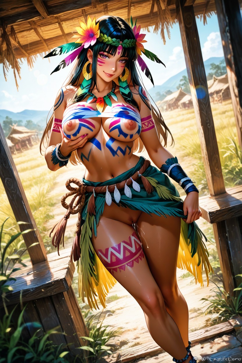 Erect Nipples, Waist Shot, Leaning On A Hut Hentai AI Porn