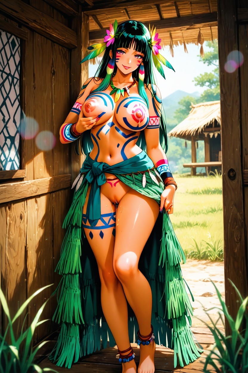 Maori Grass Skirt, Colorful Maori Chest Wrap, Looking At Viewer Hentai AI Porn