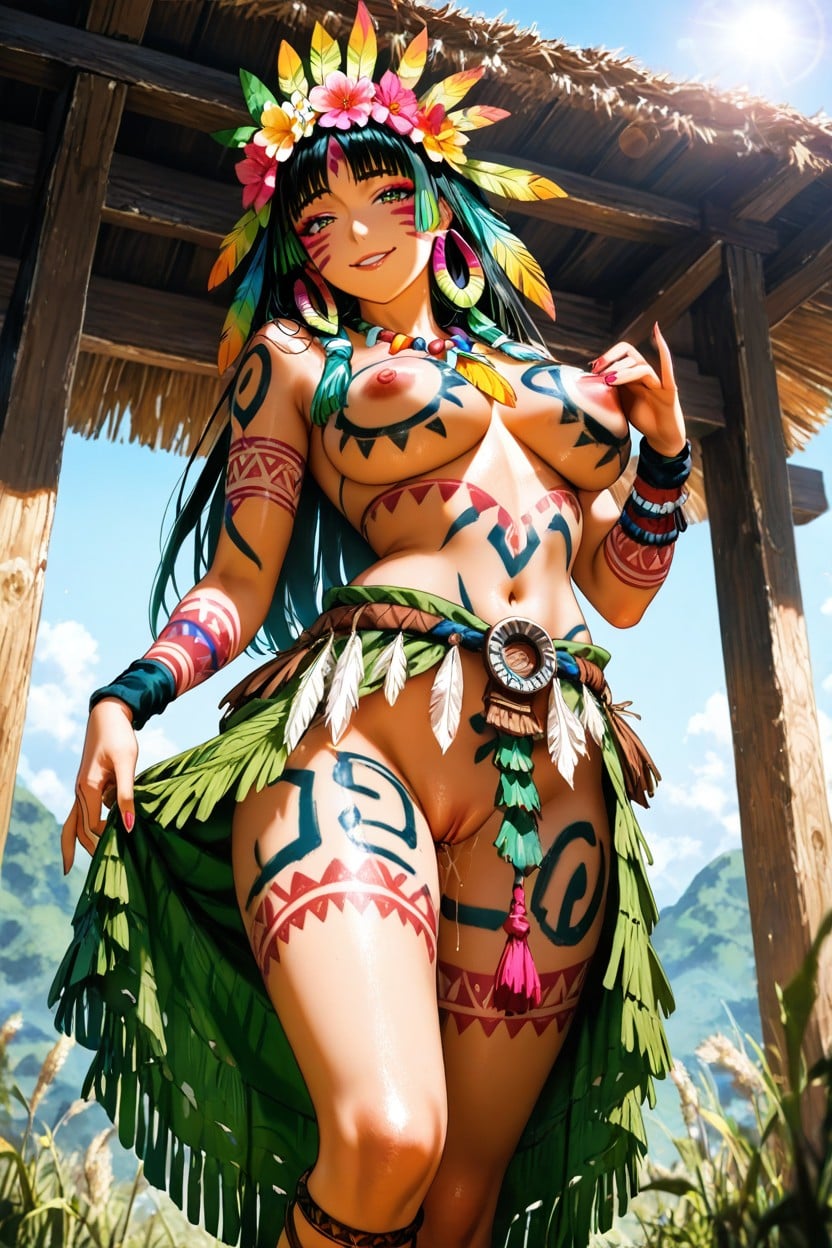 Colorful Maori Wristbands, Colorful Maori Anklets, One Hand Lifting Skirt Hentai AI Porn