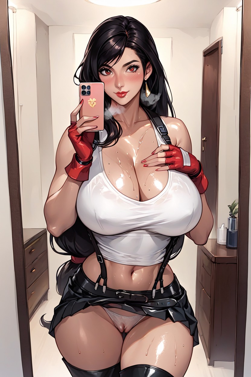 Black Leather Pleated Skirt Lifted, Cleavage, Motherly Face Hentai AI Porn