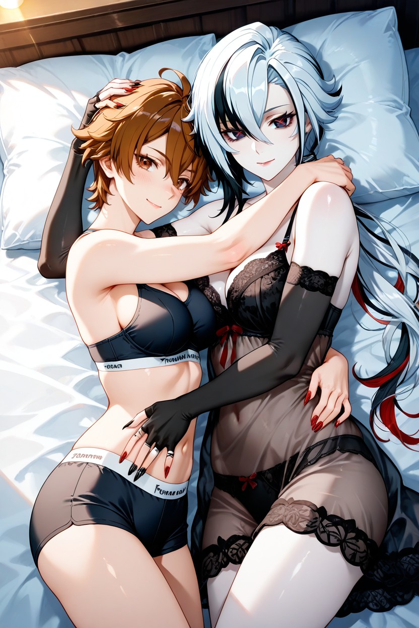 Arlecchino With His With A Slight Smile, 2 People, Tomboy Woman Is Hugging Arlecchino Hentai AI Porn