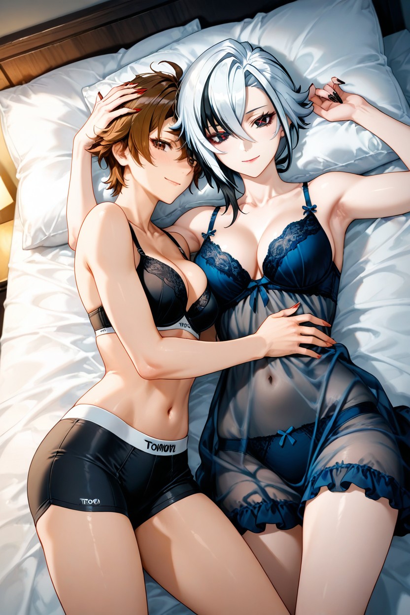 Arlecchino Wearing A Nightgown And Panties, Brown Hair And Eyes, Wearing A Nightgown Hentai AI Porn