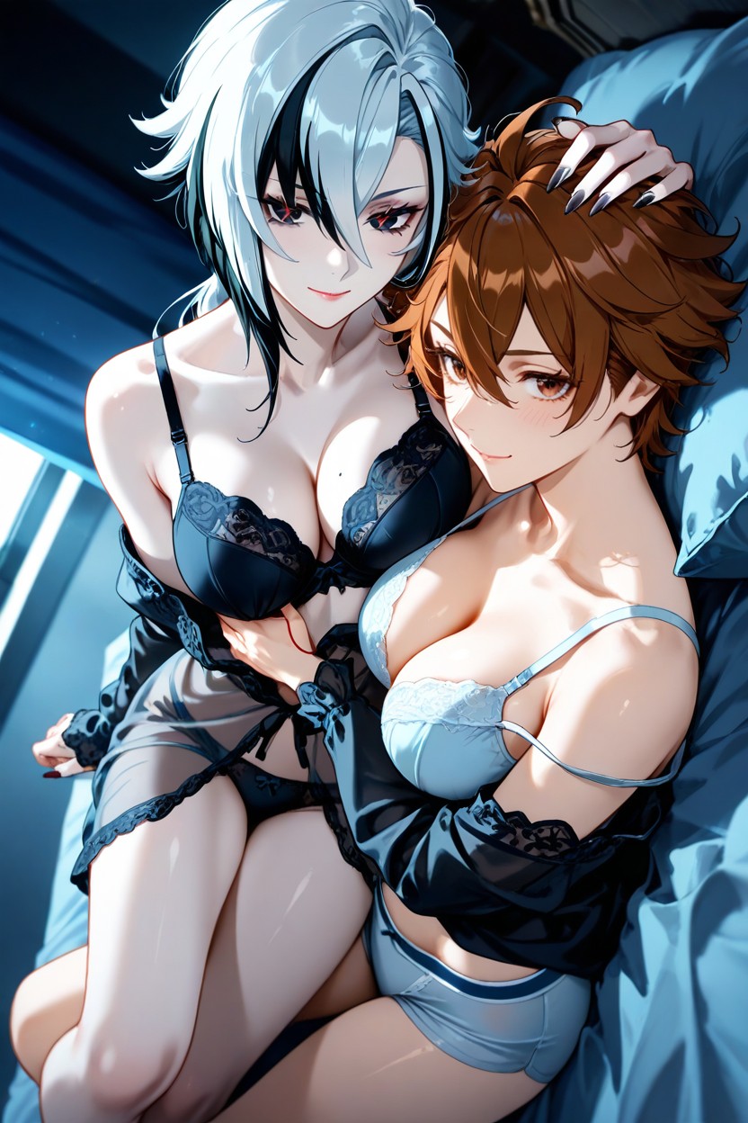 Tomboy Woman Hugging Arlecchinos Waist, Wearing A Nightgown, Tomboy Woman Has Hair Hentai AI Porn