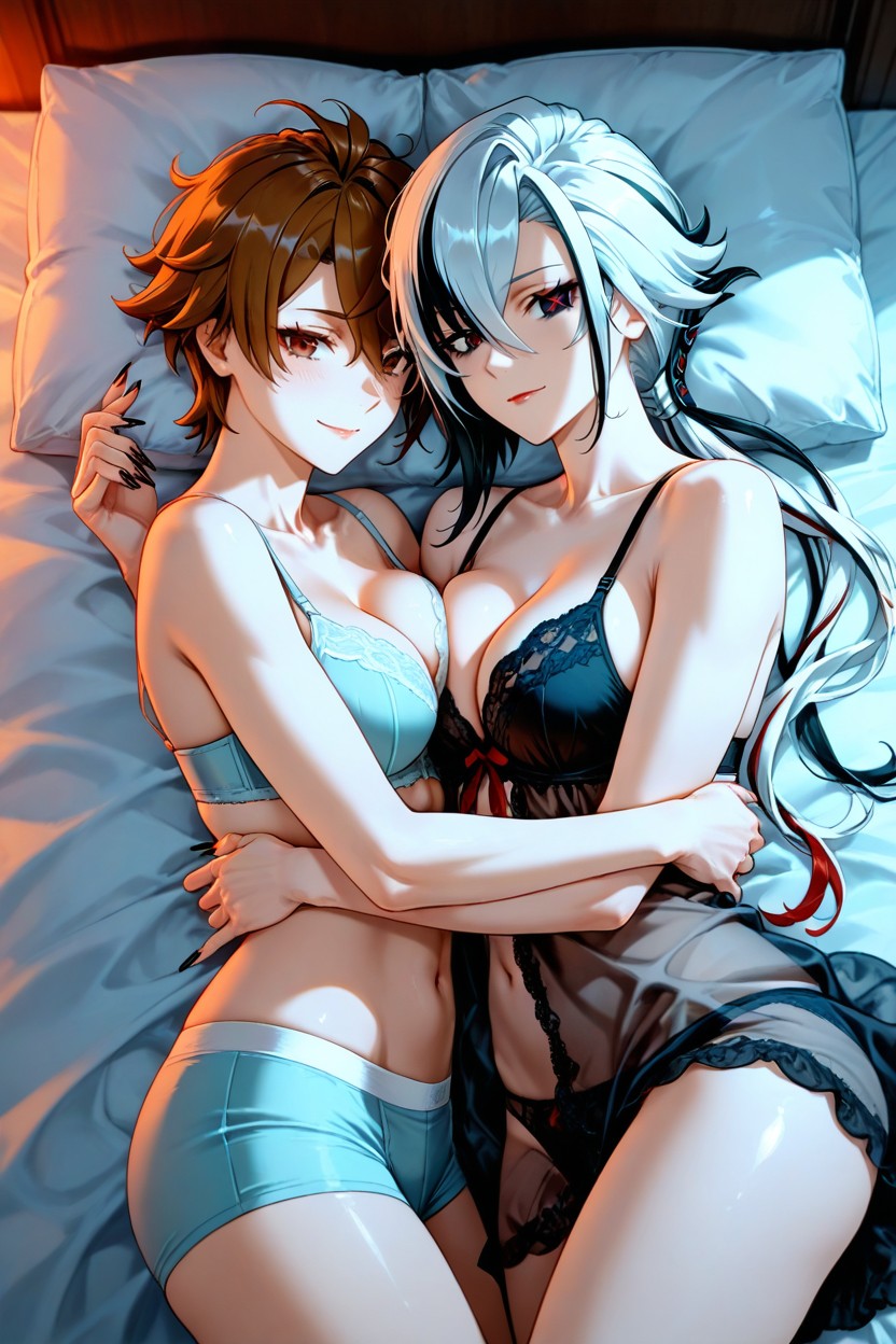 White Skin Color, Smile, Tomboy Woman Wearing Mens Boxer Briefs And Bra Hentai AI Porn