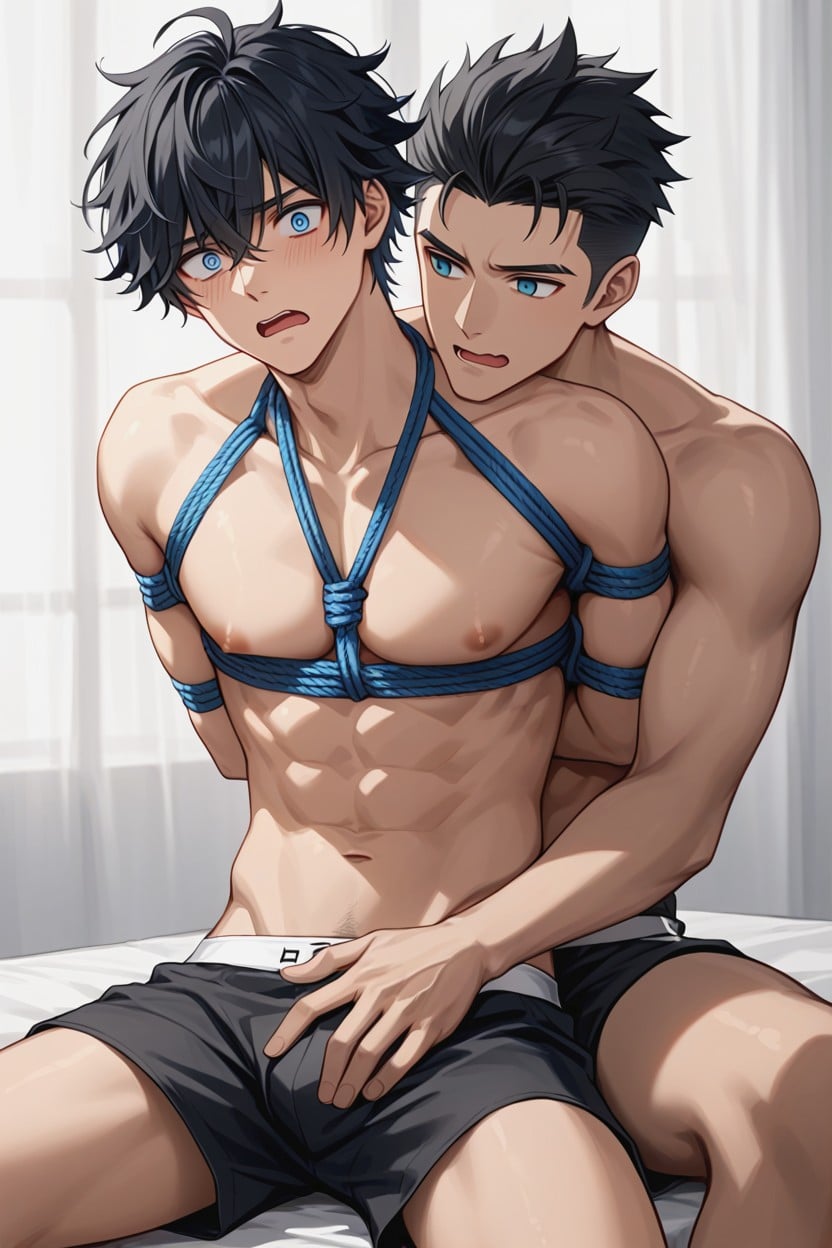 The Other Hand Grabbing The Crotch, The Person Behind Has A Lewd Expression, Black Shorts AI Gay Porn