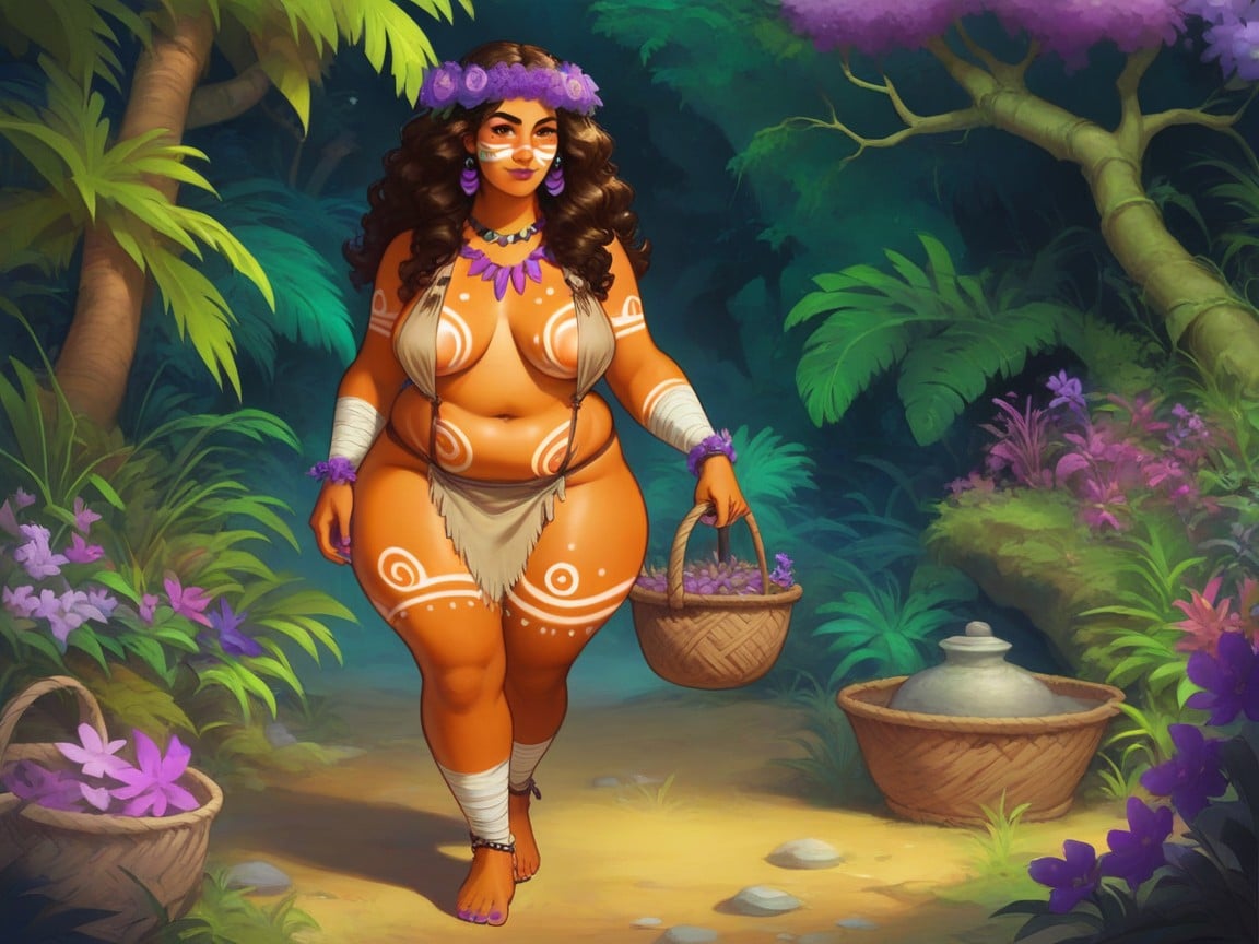 Woven Basket Sling, Purple Flower Print Body Paint, Permed Hair Hentai AI Porn