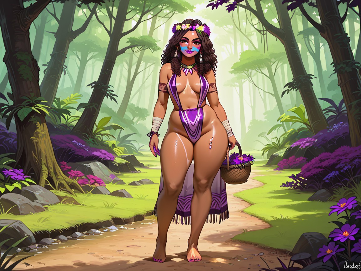Thick Rounded Shoulders, Purple Flower Print Tribal Apron, Neon Purple Tree In Background Porno IA Latina