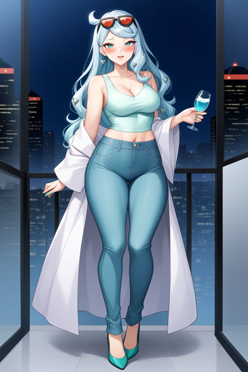 Wearing Aquamarine Tanktop, Fully Clothed, Shy Face AI Porn
