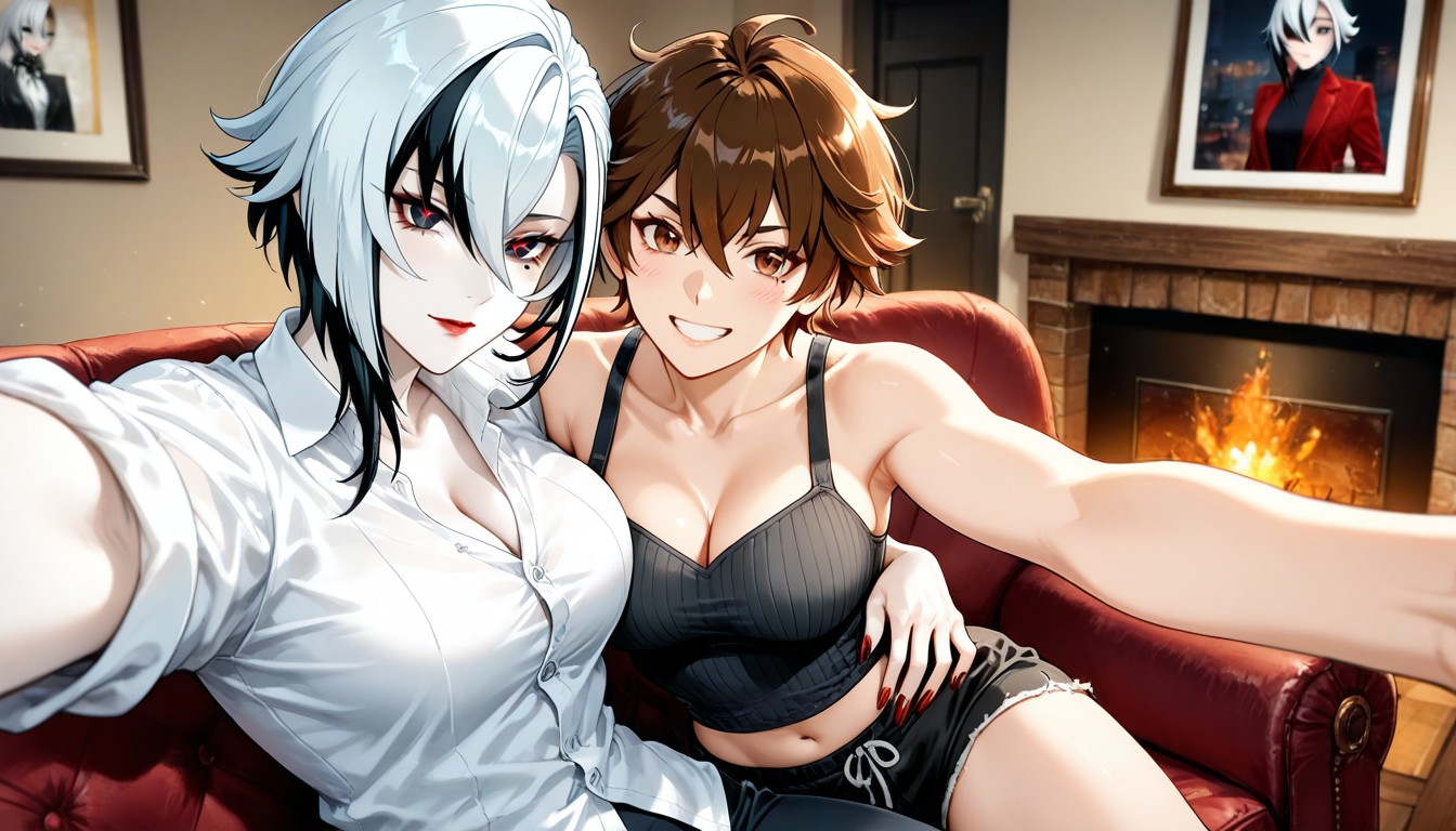 Arlecchino Sitting On The Tomboy Womans Lap, Living Room With Fireplace, 25+ Hentai AI Porn
