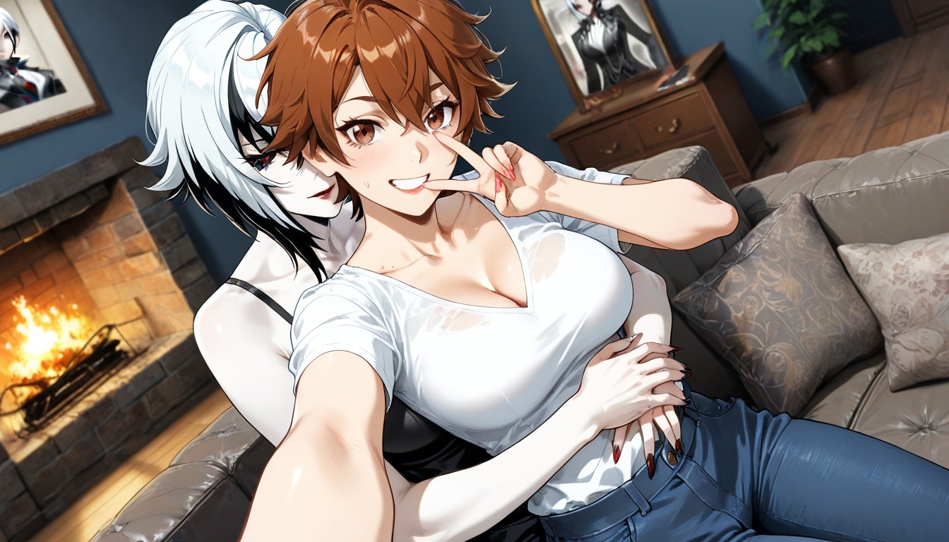 Arlecchino Smiling And Taking A Selfie, Two People, Brown Eyes Hentai AI Porn