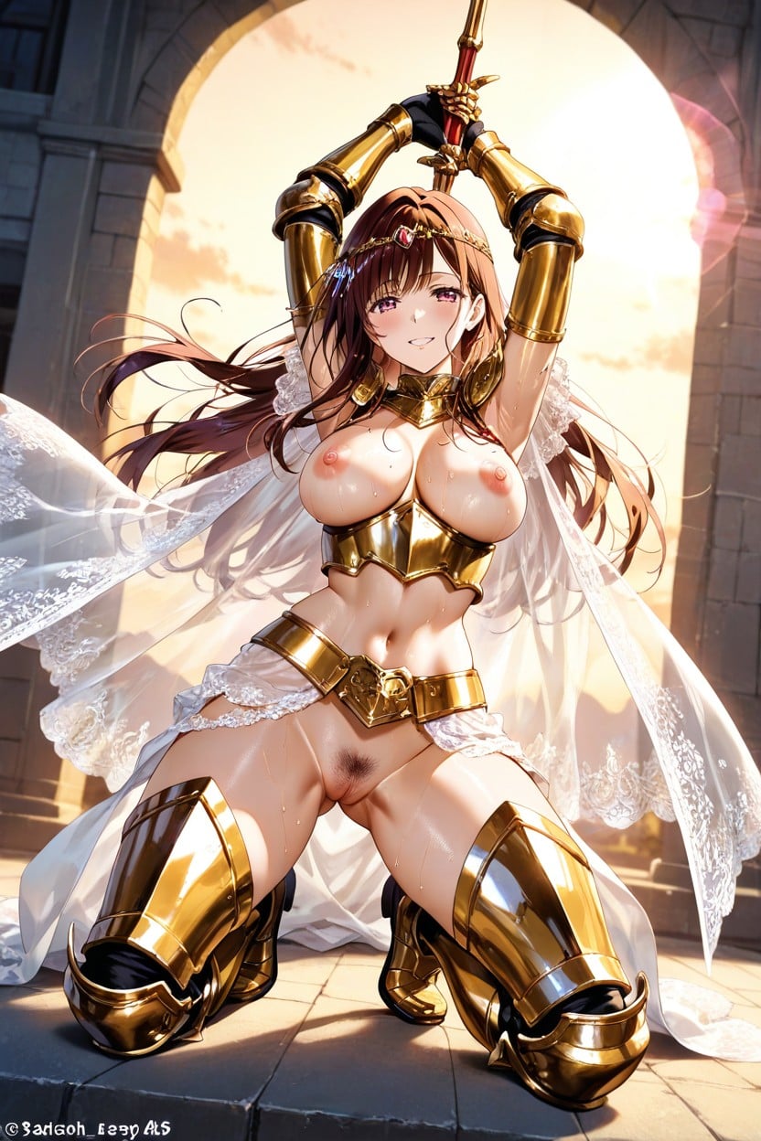Exposed Aroused Pink Pussy, Strapped Golden Metal Shoulder Guards, Smiling Hentai AI Porn
