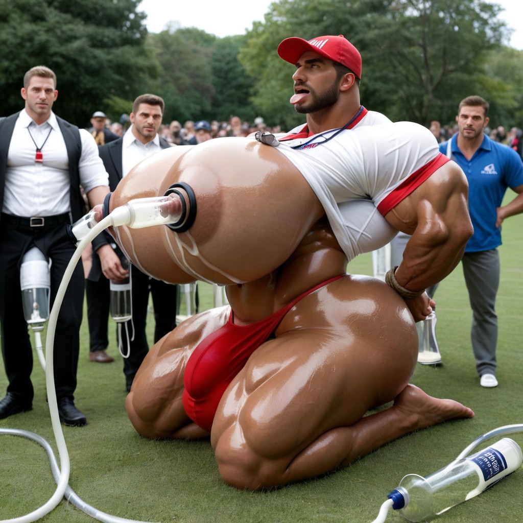 Mouth Agape, Man Hyper Squishing Milk Mans Boobs, Donation Sign AI Gay Porn