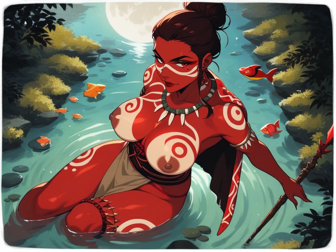 High Contrast Colors, Red Snake Cape, River Location Hentai AI Porn