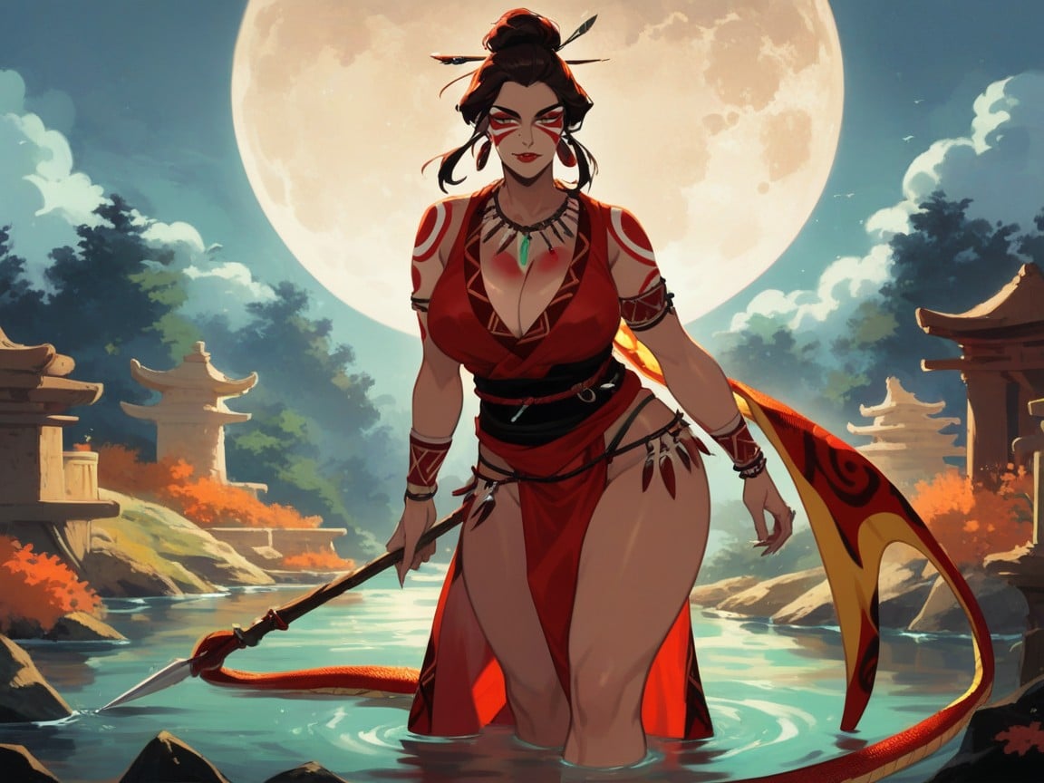 Red Snake Body Paint, River Bank Background, Beauty Mark Hentai AI Porn
