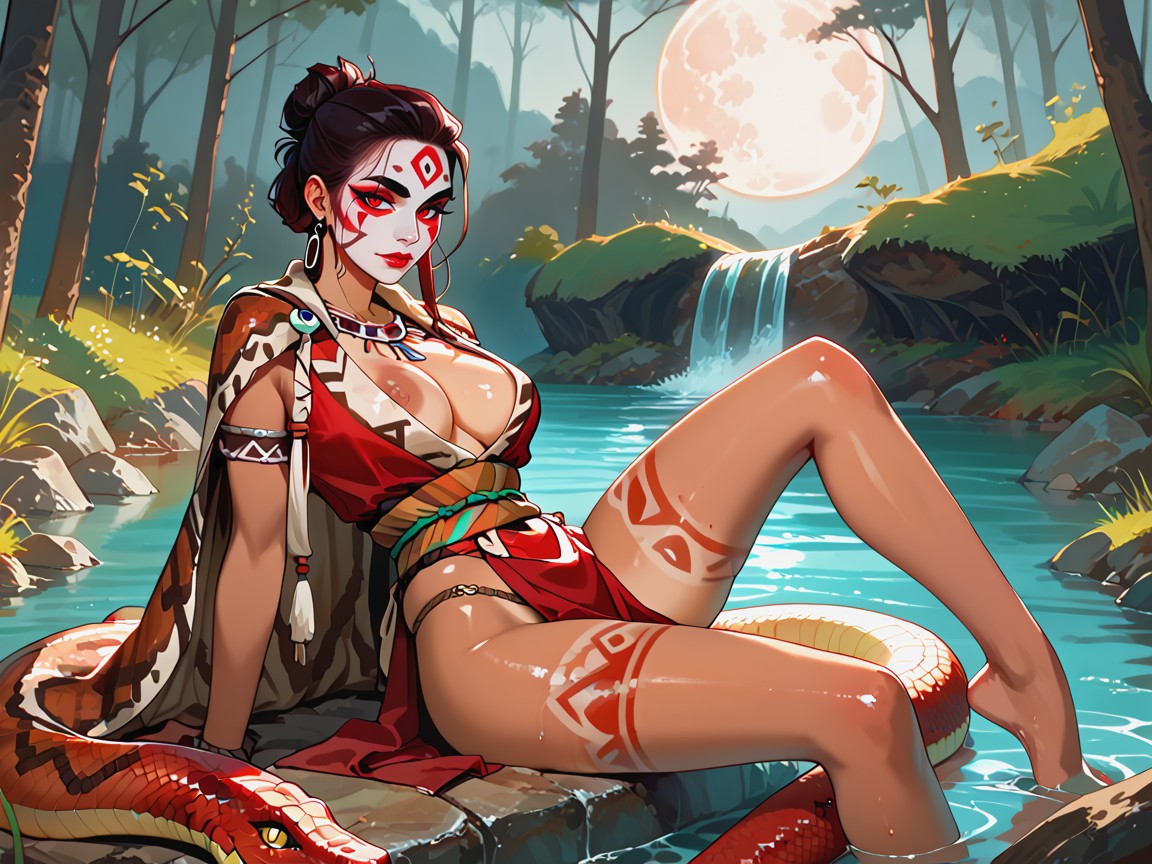 Wearing Red Snake Print Tribal Clothes, Rope Sash, River Location Porno latina IA