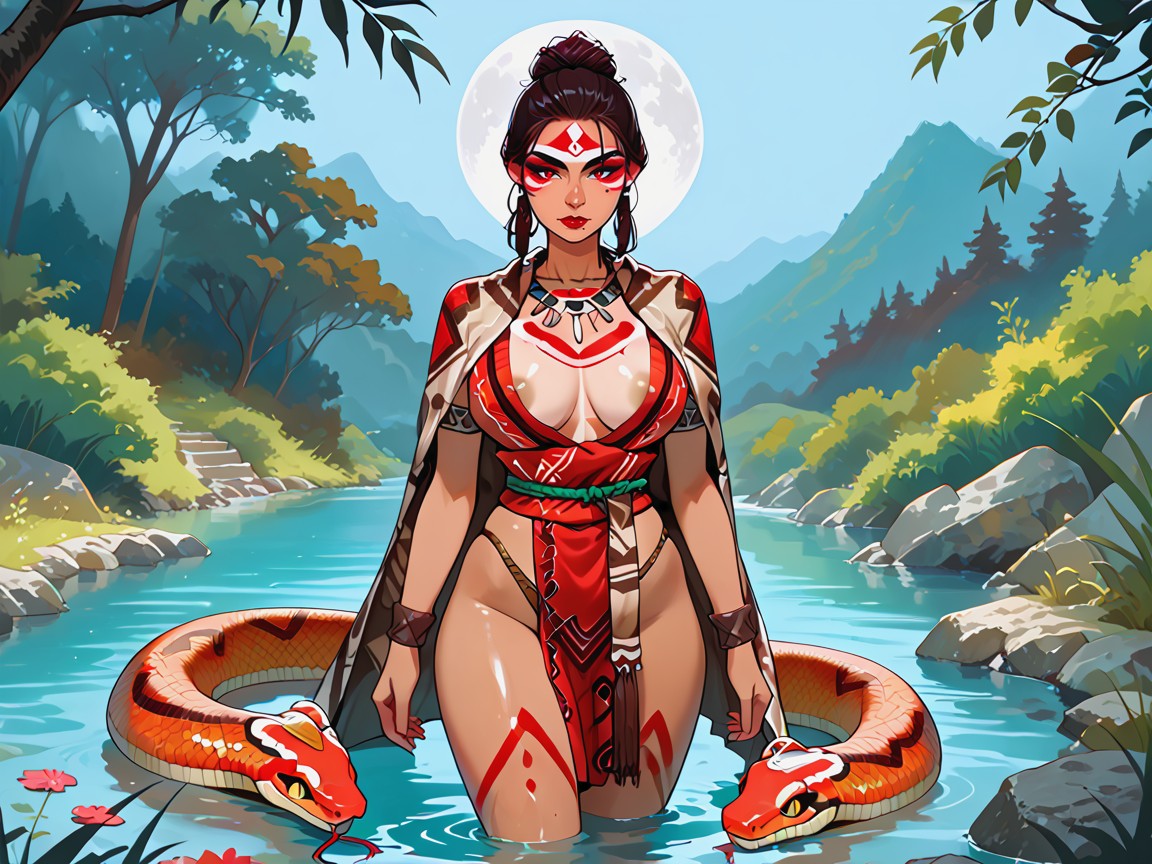 Ultra Detailed, River Location, Wearing Red Snake Print Tribal Clothes Porno latina IA
