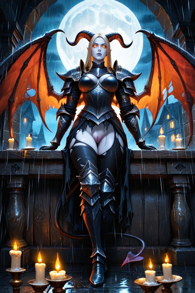 Big Demon Wings, Raining, Moonlight AI Porn