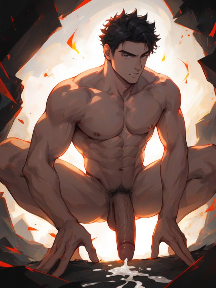 Male, Black Hair, Upward Arc Penis AI Gay Porn