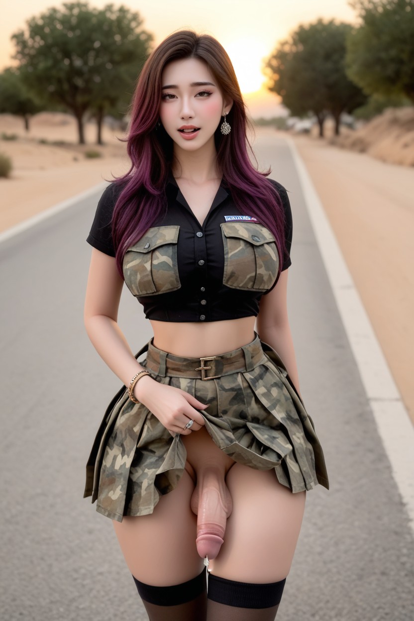 Desert Camouflage Pleated Skirt, Korean, Hazel Asian AI Porn