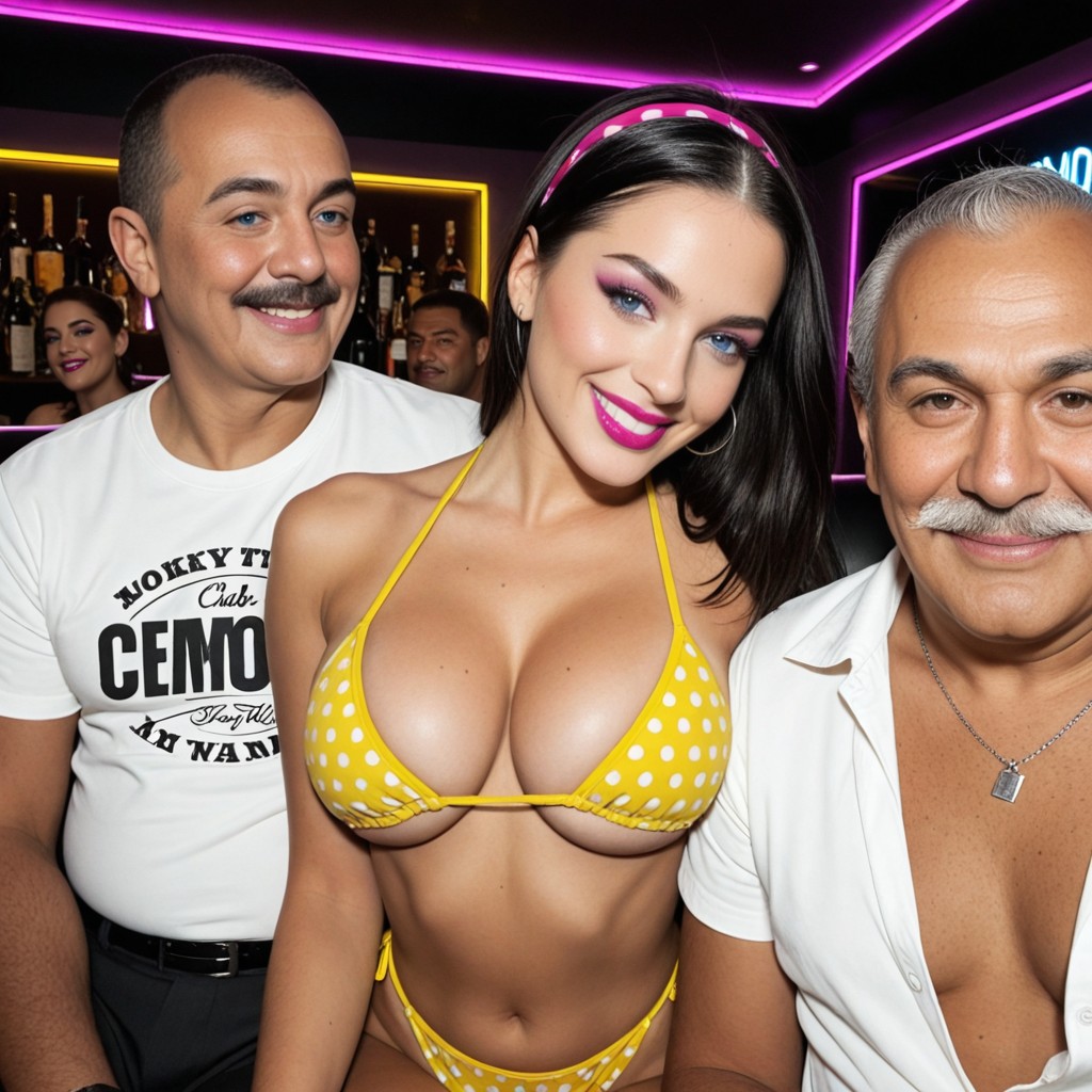 Men In Casual Clothing, Side View, Neon Yellow Bikini With Decorative Polka Dots AI Porn