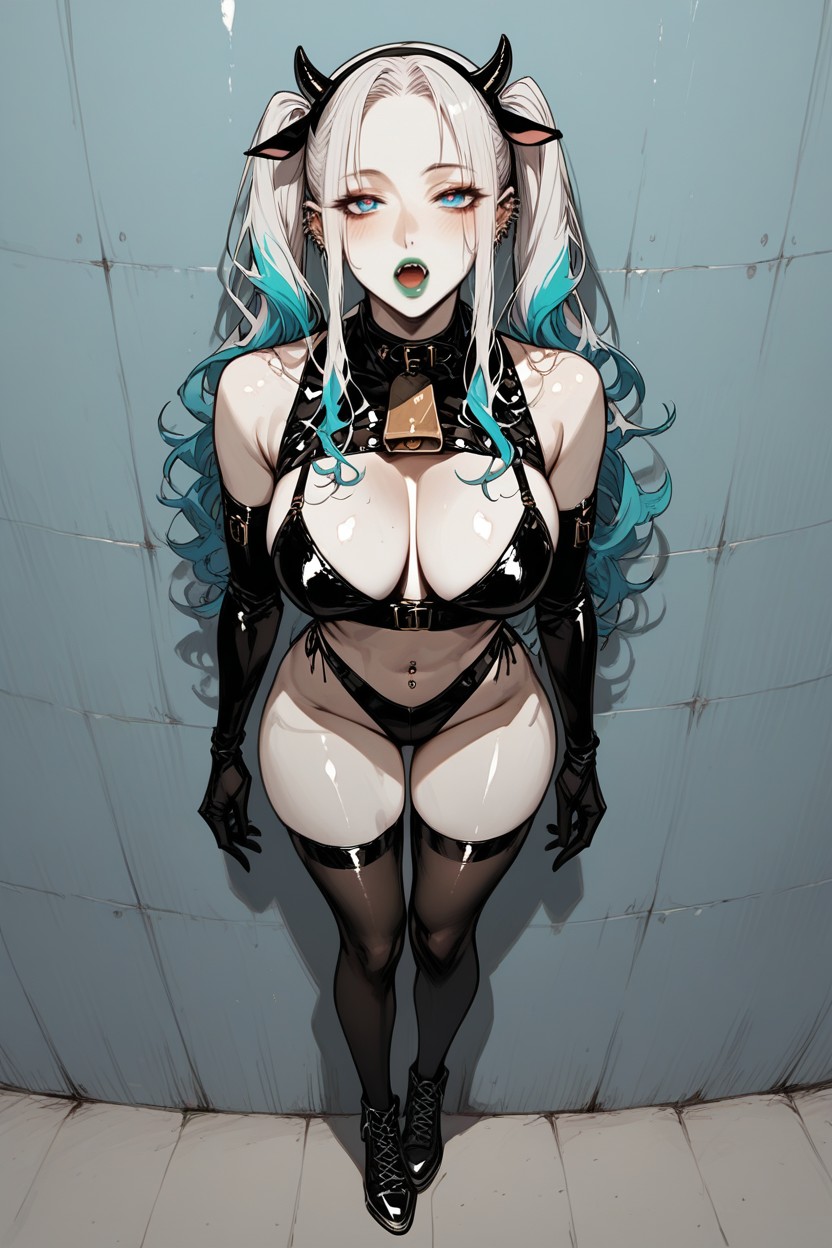 Cowprint Ears, Green Lips, Leaning Forward To The Wall Heavily Hentai IA