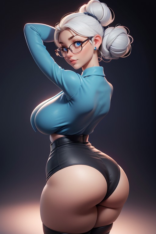 Curvy Hips, Blue Eyes, Very White Hair Tied Up Into A Tight Bun Hentai IA