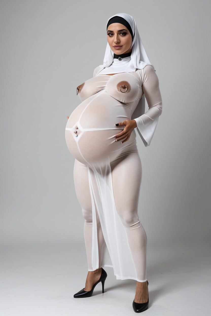 Breast Bigger Than Torso, White Silk Satin Hijab, Pregnant Belly AI Porn