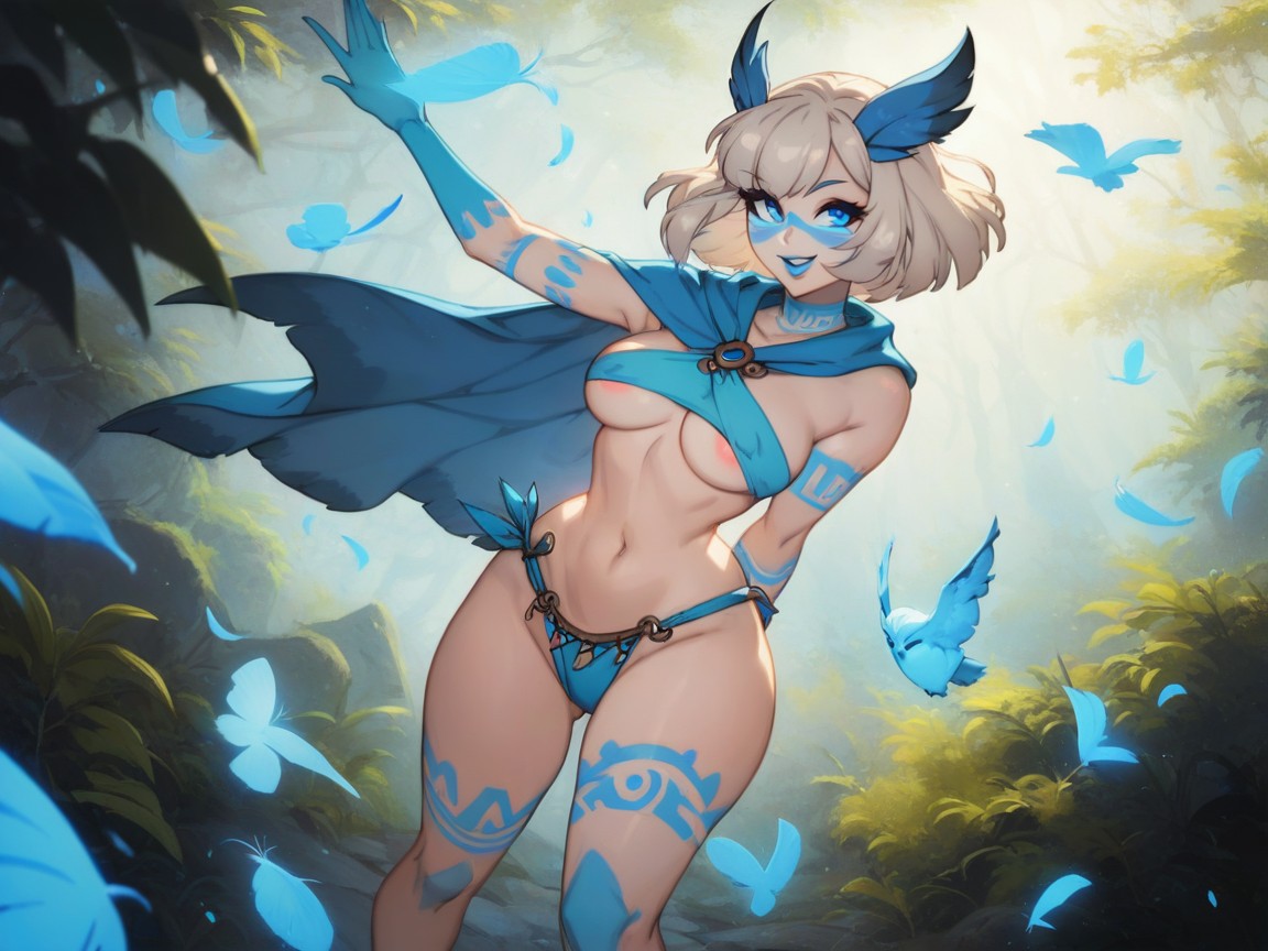 Snatched Waist, Stone Circle Background, Blue Owl Tribal Face Paint Hentai AI Porn