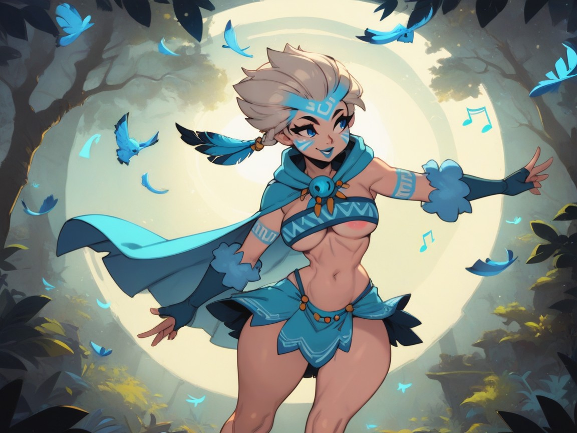 Platinum Blonde Pixie Hair With Blue Frosted Tips, Sharp Lines And Edges, Tribal Bard Hentai AI Porn