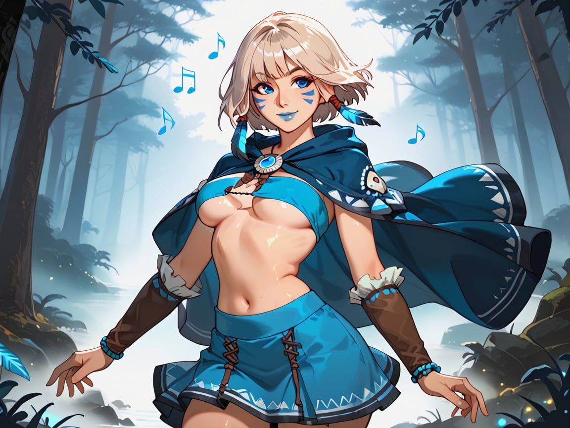 Blue Owl Feather Sleeves, Underboob, Forest Village In Distance Latina AI Porn