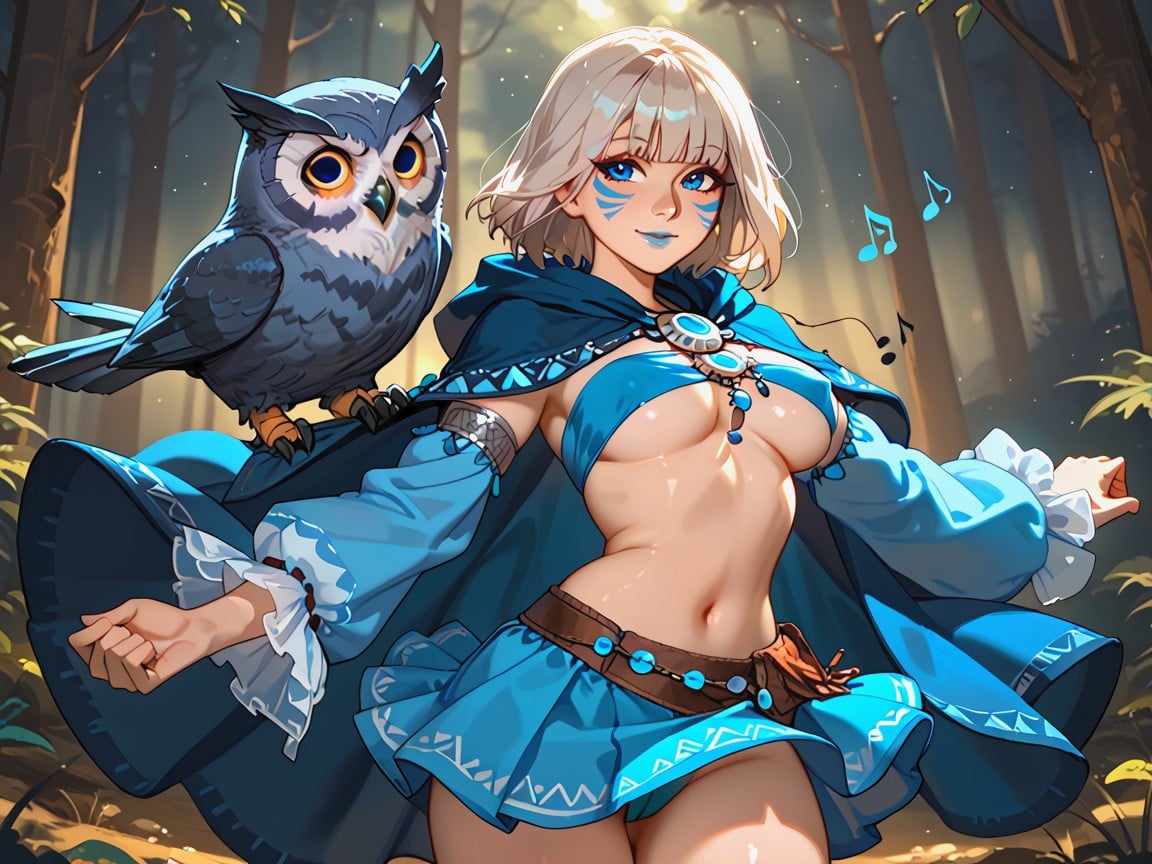 Rounded Breast, Skinny, Blue Owl Hooded Cape Latina AI Porn
