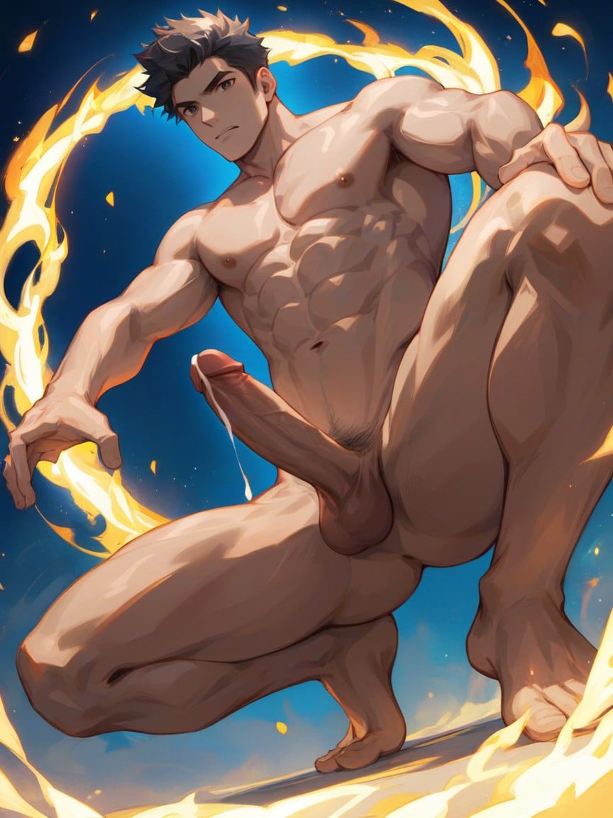 Upward Arc Penis, Determined Expression, Sharp Gaze AI Gay Porn