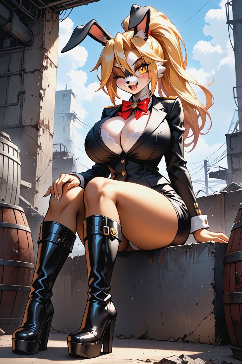 Concrete Area, Rusty Fuel Barrel, Bow Knot Lace In Hair Furry AI Porn