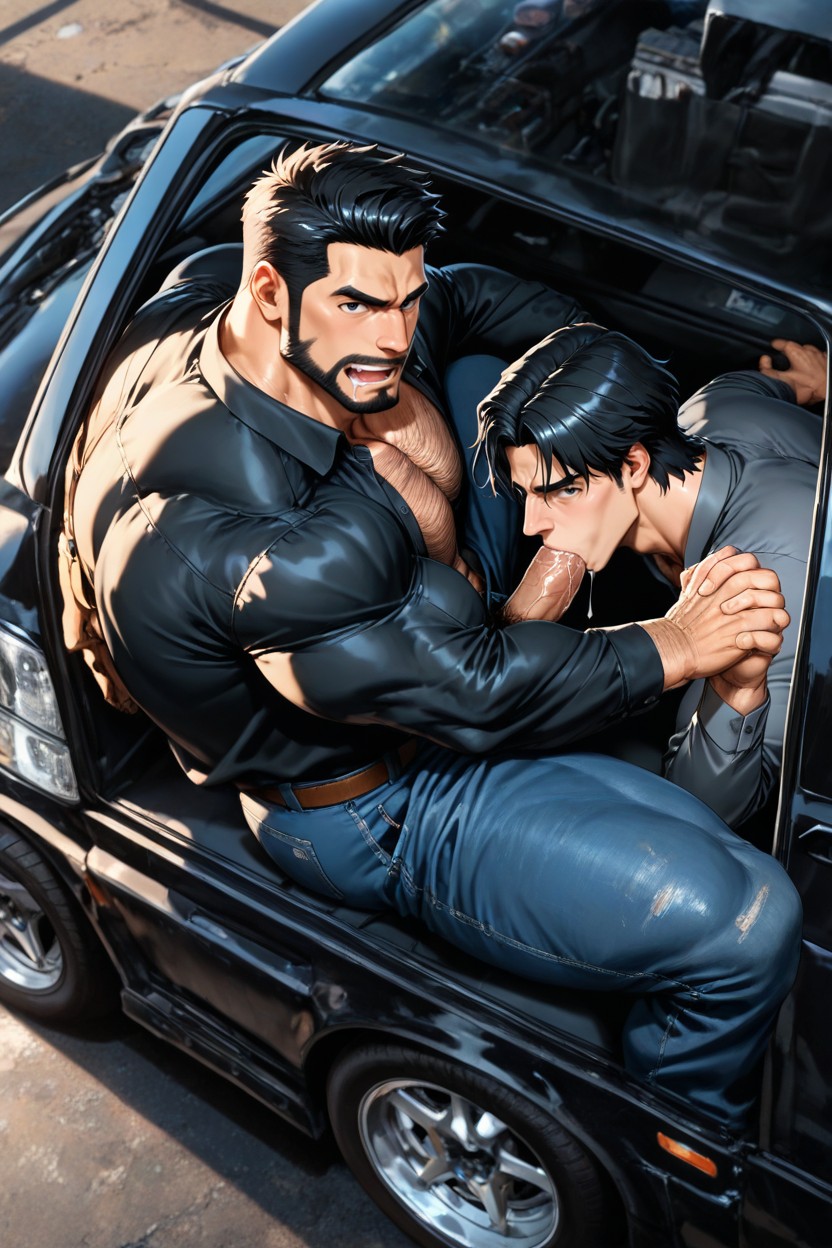 Drooling, A Hairy Muscular Black Forest Ranger, From Above Angle AI Gay Porn