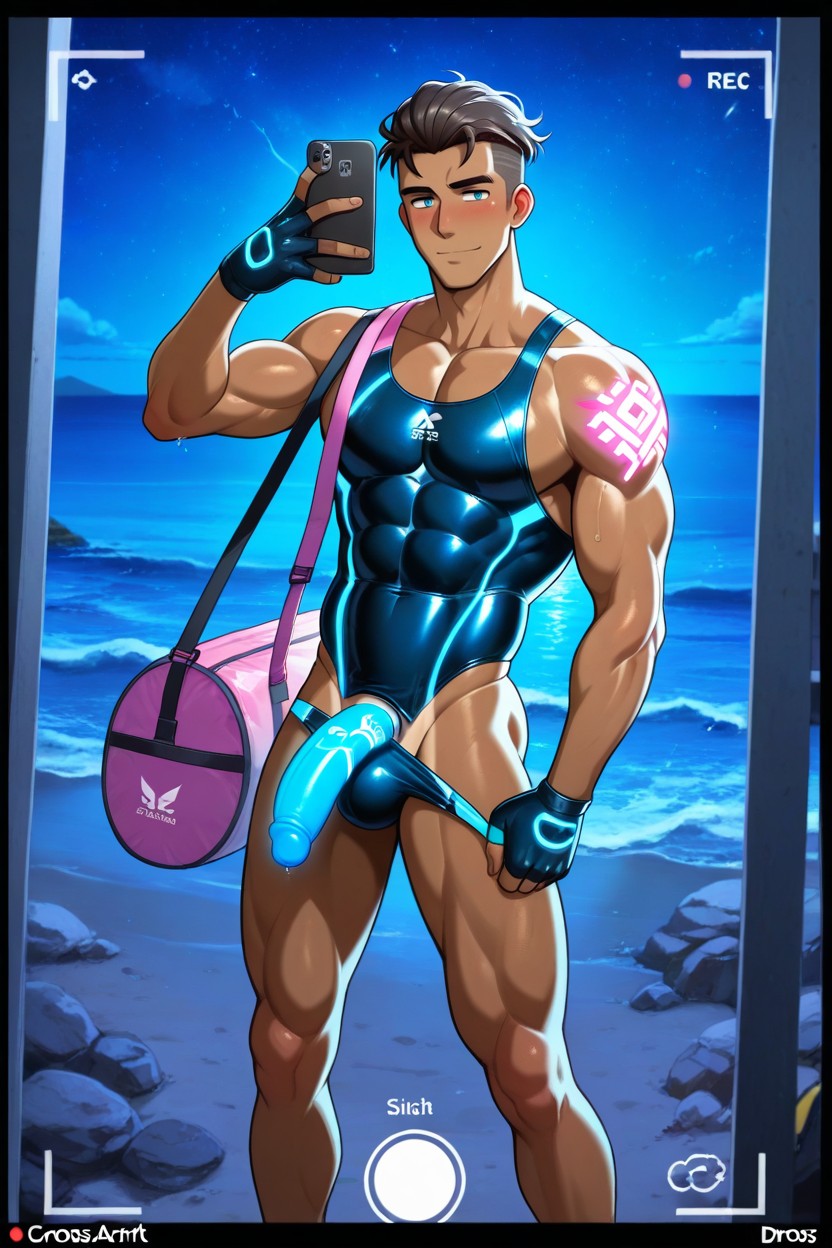 Tanned Skin, Abs, Сrossbody Swimming Bag AI Gay Porn