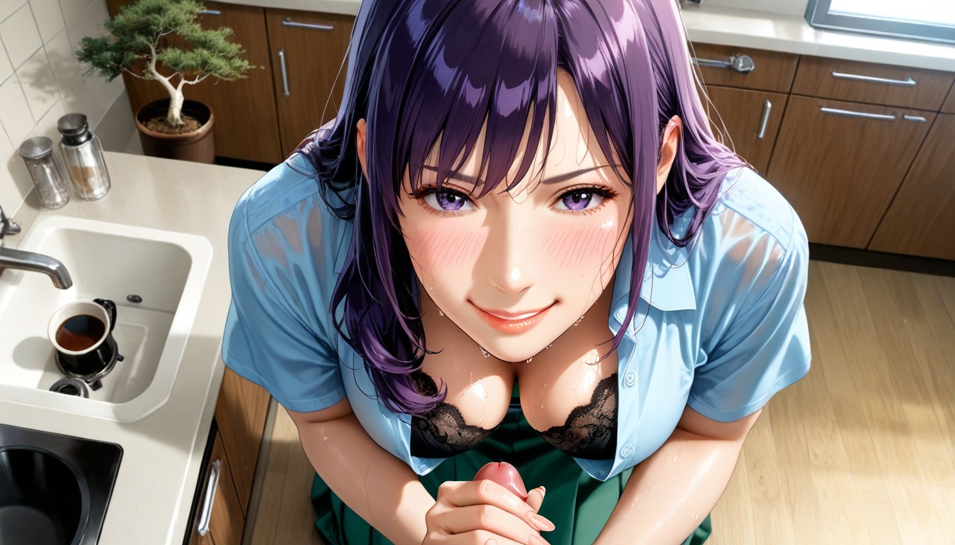 Large Green Skirt, Front View, Blue Shirt Hentai AI Porn